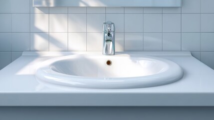Sleek modern sink with a shiny faucet on a tiled countertop, illuminated by natural light.