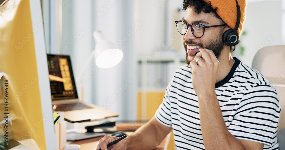 Poster happy, agent and man with headset, consultation and communication with microphone and call center. b