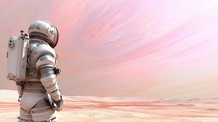 A lone astronaut stands on a barren planet, gazing towards a swirling pink nebula.