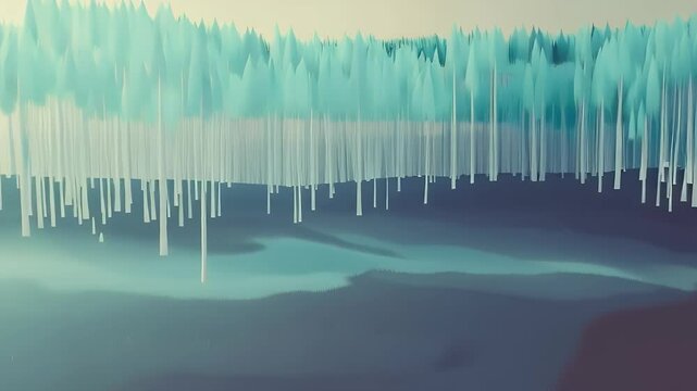 "Flat vector of a minimalist forest landscape with layered trees, soft mist, and cool-toned gradients for a peaceful ambiance"


