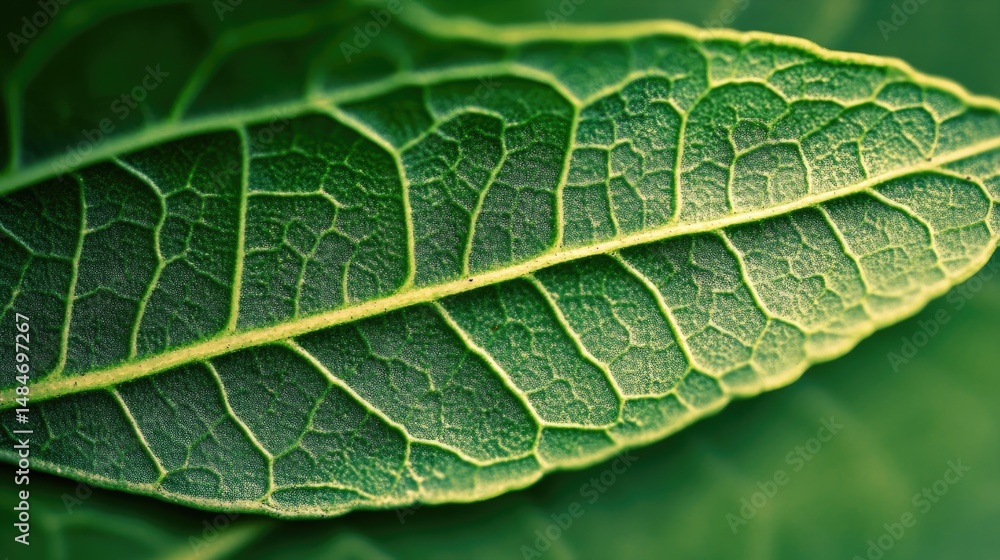 Poster close-up view of a vibrant green leaf showcasing intricate vein patterns and textures. set against a