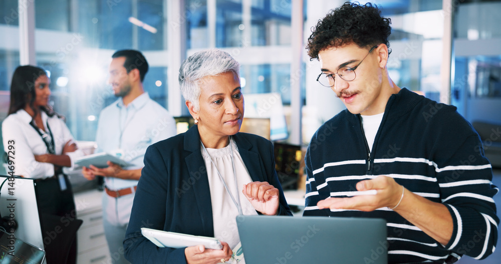 Poster People, developer and mentor on laptop in office of programming, coding training and server update. Staff, manager and helping of app testing, IT intern and web application and troubleshooting system