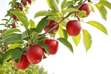 Obraz premium Ripe red apples hang gracefully on a branch with vibrant green leaves against white
