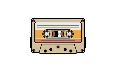 Fototapeta premium Flat-style retro illustration of a vintage cassette tape with visible spools and tape ribbon on white background in PNG format