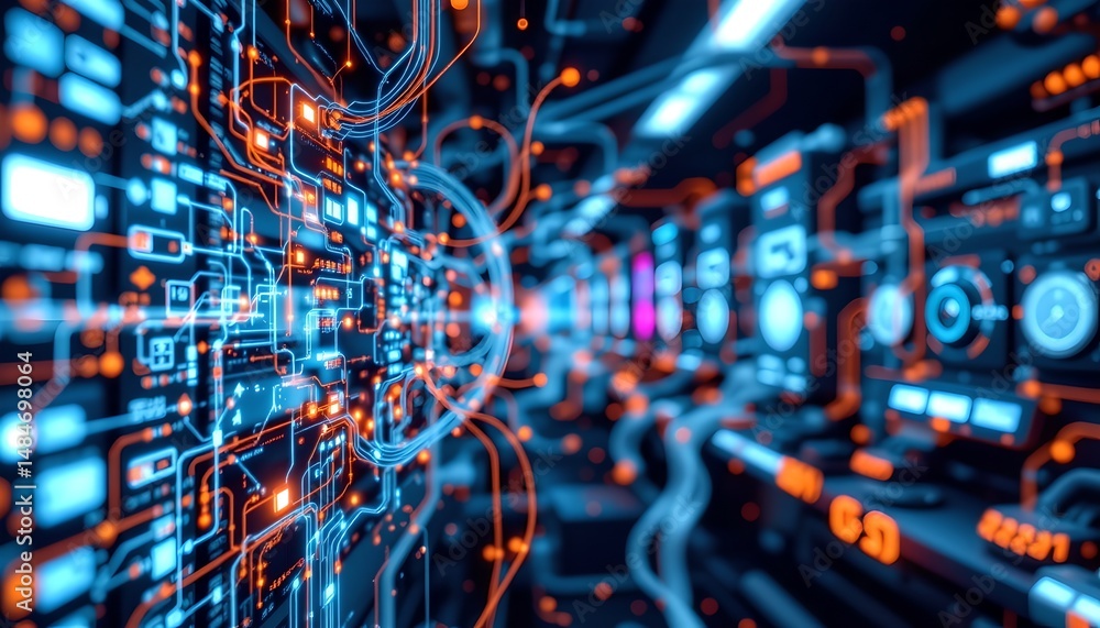 Poster digital circuit board representing advanced technology infrastructure and connectivity