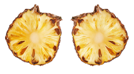 Two vibrant pineapple slices, showcasing their golden flesh and slightly browned edges, against a black backdrop