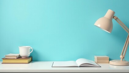 Neatly arranged desk, pale blue backdrop, ample space, desk setup, books