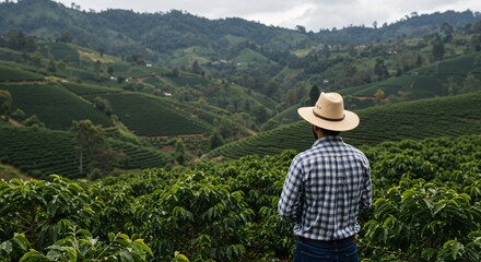 Rear view of a male farmer in a hat and plaid shirt overlooking a vast, terraced coffee plantation on a cloudy day in a hilly agricultural region.