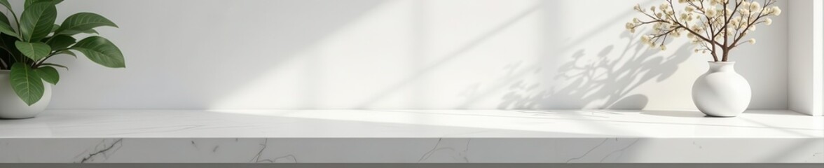 Perspective view, white marble shelf table, interior design, backdrop, simple, photography