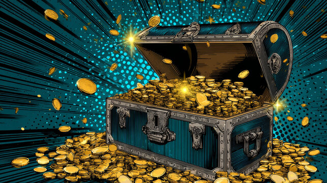 Treasure chest with Golden coins pop art retro style. Pirates and treasures. The gain and wealth. The business concept of financial success. Tales and adventures