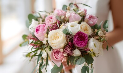 Obraz premium A luxurious bouquet of flowers held in a woman's hand, soft natural light, Generative AI