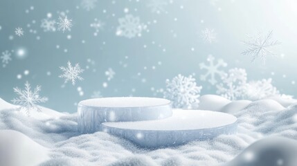 Fototapeta premium A serene winter landscape featuring a frozen circular ice formation surrounded by soft. white snow. with distant snow-covered mountains and a clear blue sky above