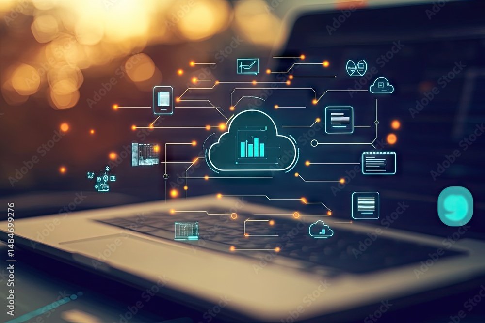 Poster a modern workspace featuring a laptop displaying cloud computing graphics. with data analytics and d