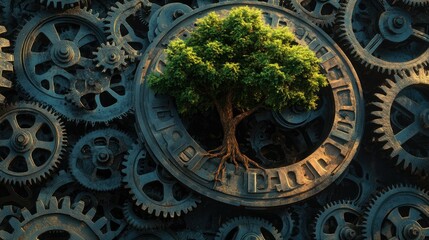 A small, lush green tree grows from a pair of interlocking wooden gears,