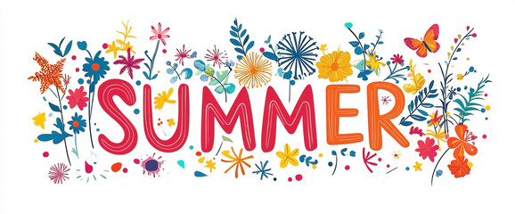 Cheerful Summer Typography Illustration with Vibrant Floral Elements and Butterfly