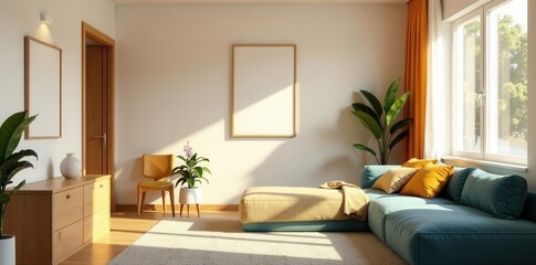 Sunlit guest room, comfy seating, mockup poster , tones, simple