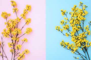 A vibrant arrangement of yellow flowers set against a pastel pink and blue background. showcasing nature's beauty. ideal for floral-themed designs or springtime promotions