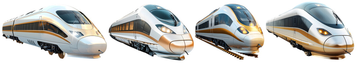 Naklejka premium Set of modern high speed passenger trains in multiple angles isolated on transparent background
