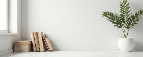White minimalist room, vintage books, llama pot, copy space , serene, interior