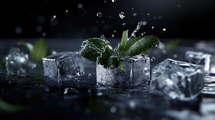 A close-up image featuring fresh green mint leaves intertwined with ice cubes,