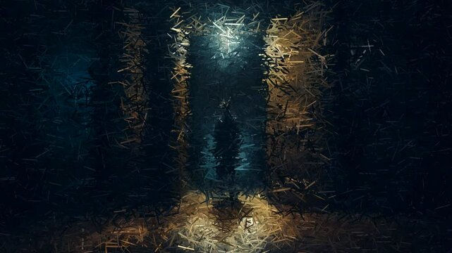 Creepy night scene with stranger on doorstep surrounded by moving shards creating elite horror vibe