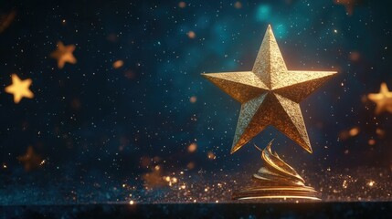A golden star on a podium with three tiered steps,