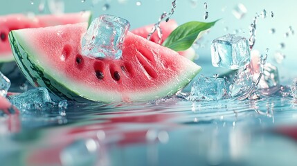 A vibrant slice of watermelon surrounded by splashes of water and ice cubes,