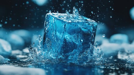 A melting ice cube sits on a smooth, reflective surface, surrounded by droplets of water.
