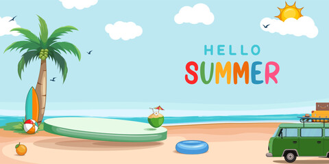 hello summer podium presentation background with illustration of palm tree, drink, car, ball, swimming inflated balloon etc.