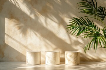 Three round marble pedestals positioned against a textured wall. illuminated by soft sunlight filtering through lush green palm leaves. creating a serene and modern aesthetic