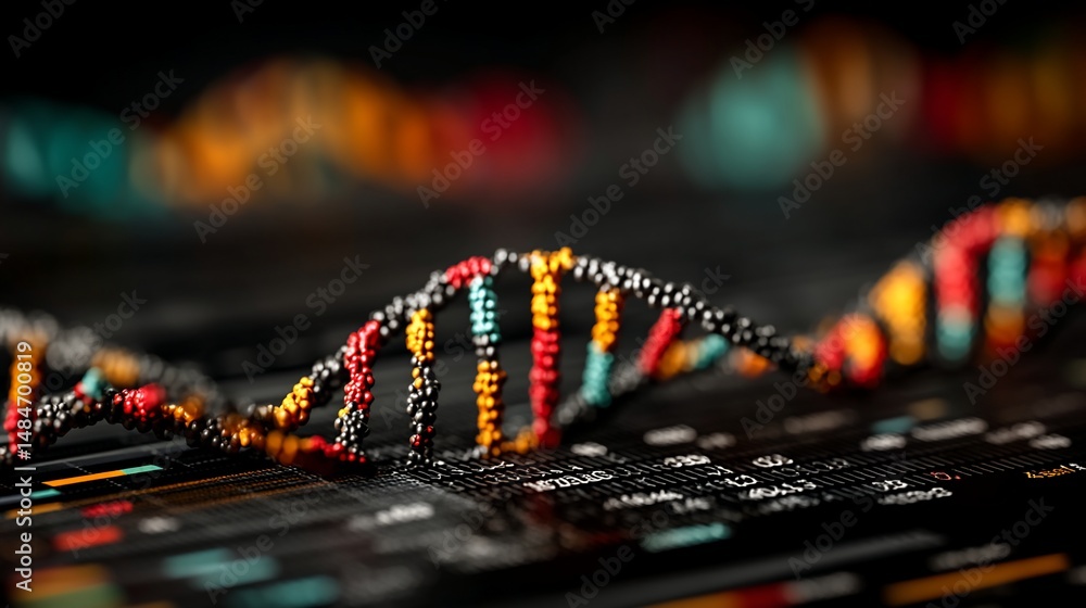 Poster colorful dna double helix structure displayed on a data chart background. intricate beaded model hig