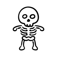 Cartoon skeleton character with skull and ribs in line art vector illustration
