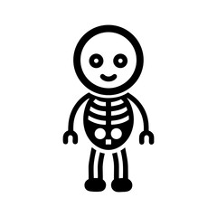 Cartoon skeleton character with skull and ribs in line art vector illustration
