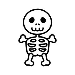 Cartoon skeleton character with skull and ribs in line art vector illustration
