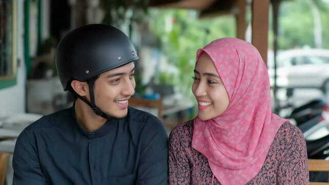 A man and a woman are sitting at a table, smiling at each other. The man is wearing a black helmet and the woman is wearing a pink scarf. Scene is happy and friendly