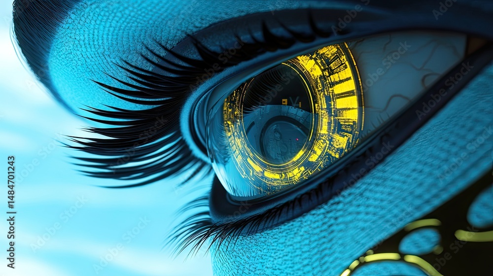 Poster a close-up of a human eye reflecting a complex mechanical structure. showcasing intricate details an