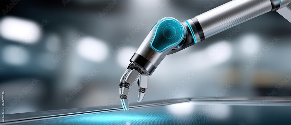 Poster a sleek robotic arm interacts with a digital touchscreen in a futuristic, high-tech environment.