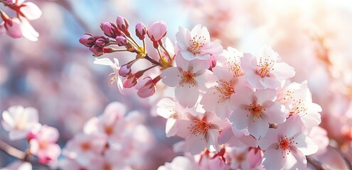 Obraz premium Delicate cherry blossoms bloom in soft pink hues. capturing the essence of spring in a serene garden. with sunlight filtering through the petals. creating a tranquil atmosphere
