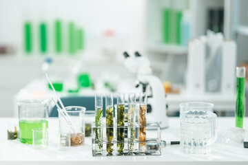 Botanical research in a modern laboratory focusing on algae and plant-based cosmetic development, with scientists analyzing samples under a microscope to explore organic skincare innovations