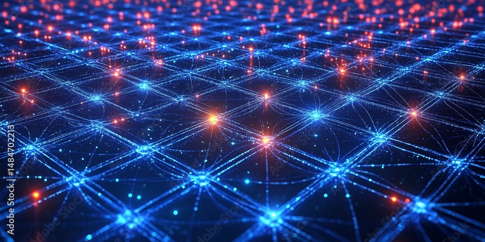 Poster abstract network connection digital technology background image showing blue and orange glowing node