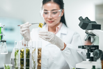 Medical science research team in modern laboratory conducting experiments, analyzing samples under...