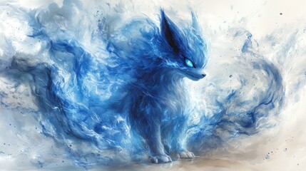 Mythical fox creature,  enveloped in vibrant blue flames.  Powerful and majestic