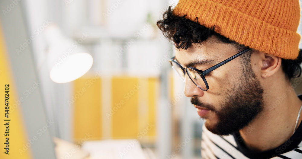 Poster glasses, computer and planning with business man in office for graphic designer, digital media proje