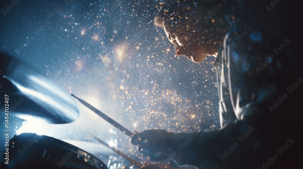 Poster Drummer Playing Energetically on Stage with Dramatic Lighting and Sparkling Particles, Capturing Music Performance and Passion : Generative AI