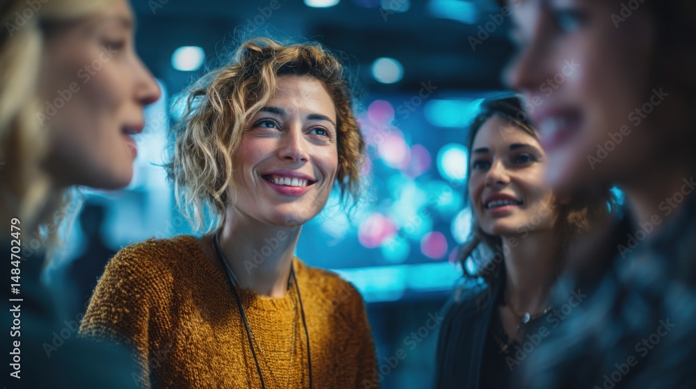 Poster Smiling Woman Engaged in Conversation With Colleagues, Capturing Teamwork and Collaborative Business Communication : Generative AI