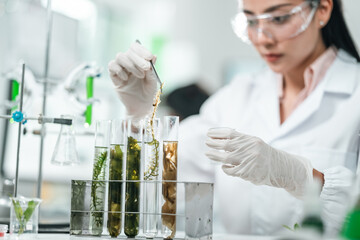 Botanical research in a modern laboratory focusing on algae and plant-based cosmetic development,...