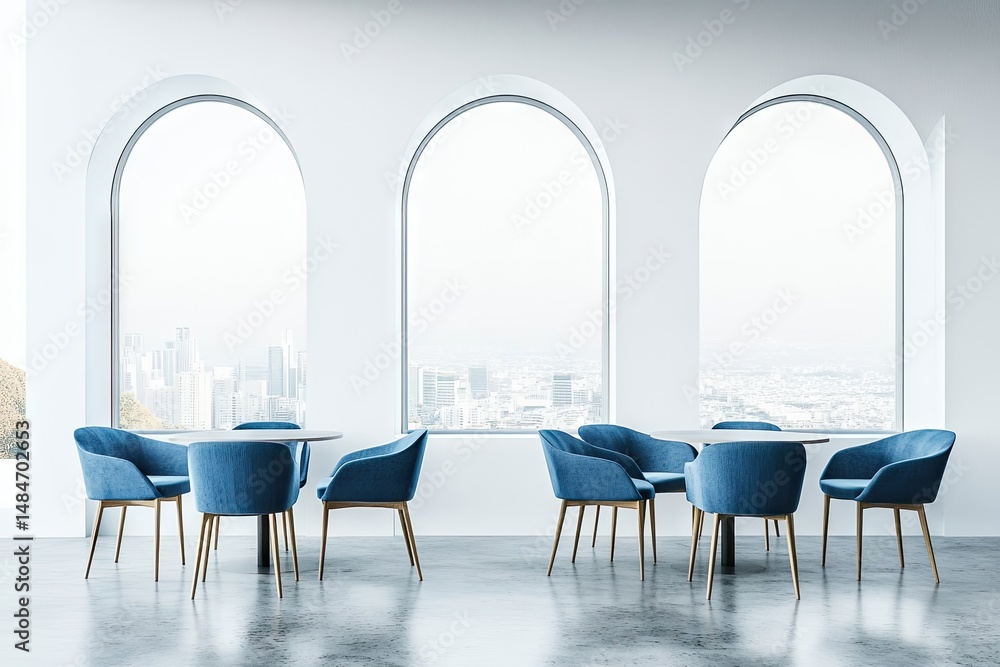 Poster modern office space with blue chairs and tables. overlooking a vibrant city skyline through large ar