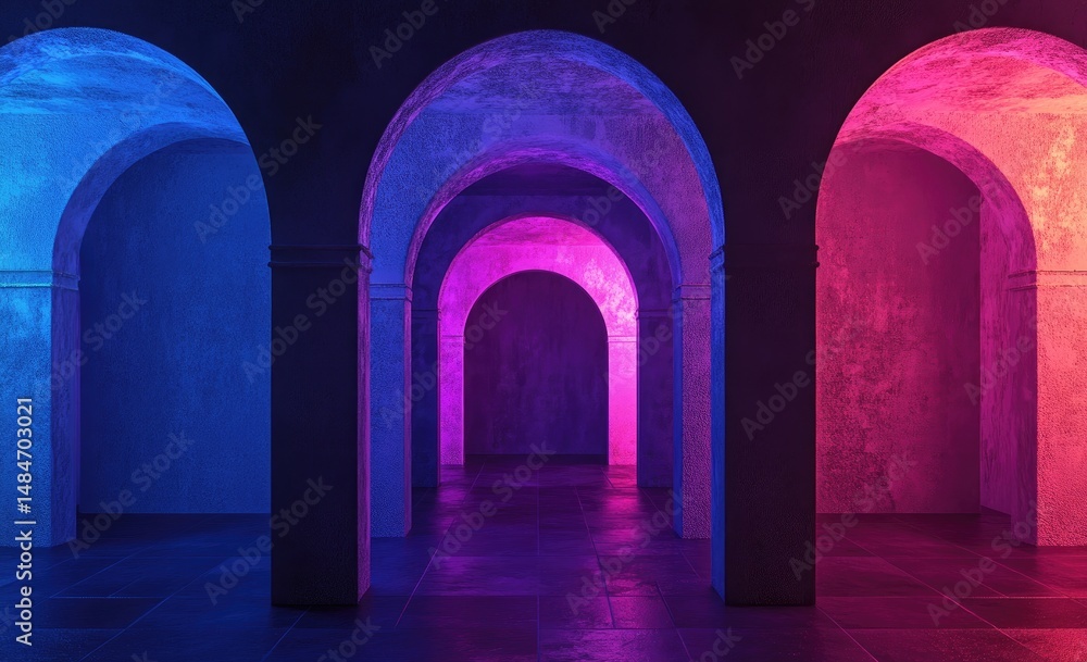 Poster a vibrant. illuminated corridor featuring colorful arches with neon lighting. creating a surreal atm
