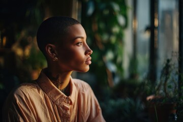 Naklejka premium Pensive Woman Gazing Out Window With Plants in Soft Light, Reflecting Serenity and Personal Growth in a Quiet Moment of Contemplation : Generative AI
