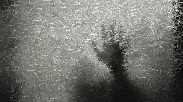 Creepy scene with hand in fog outside window with moving shards forming exclusive eerie patterns